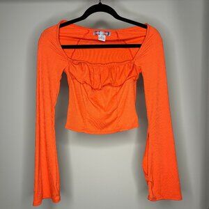 Urban Outfitters Orange/Coral Long Flare Sleeve Scrunched Bust Cropped Shirt